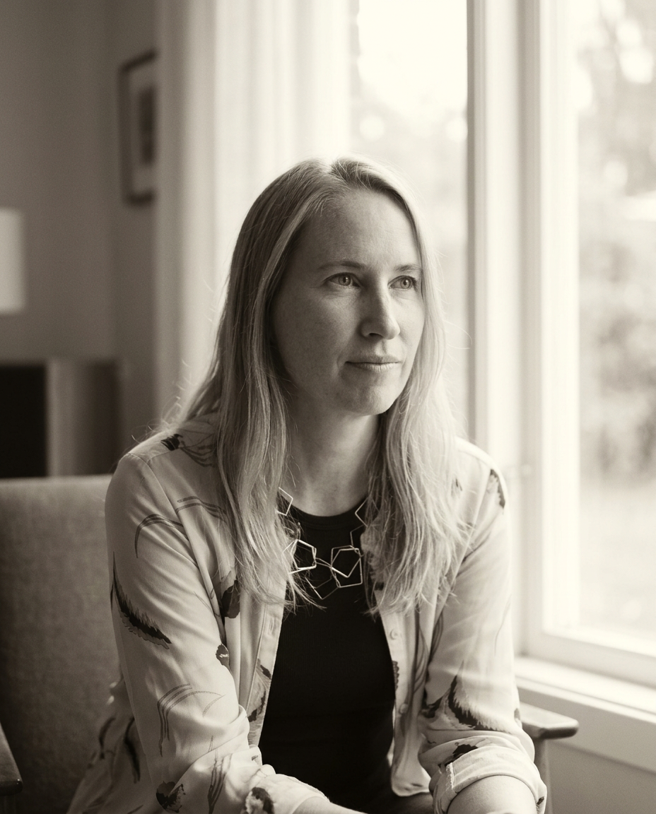 Therese i samtale ved et vindu — portrett i sort/hvitt