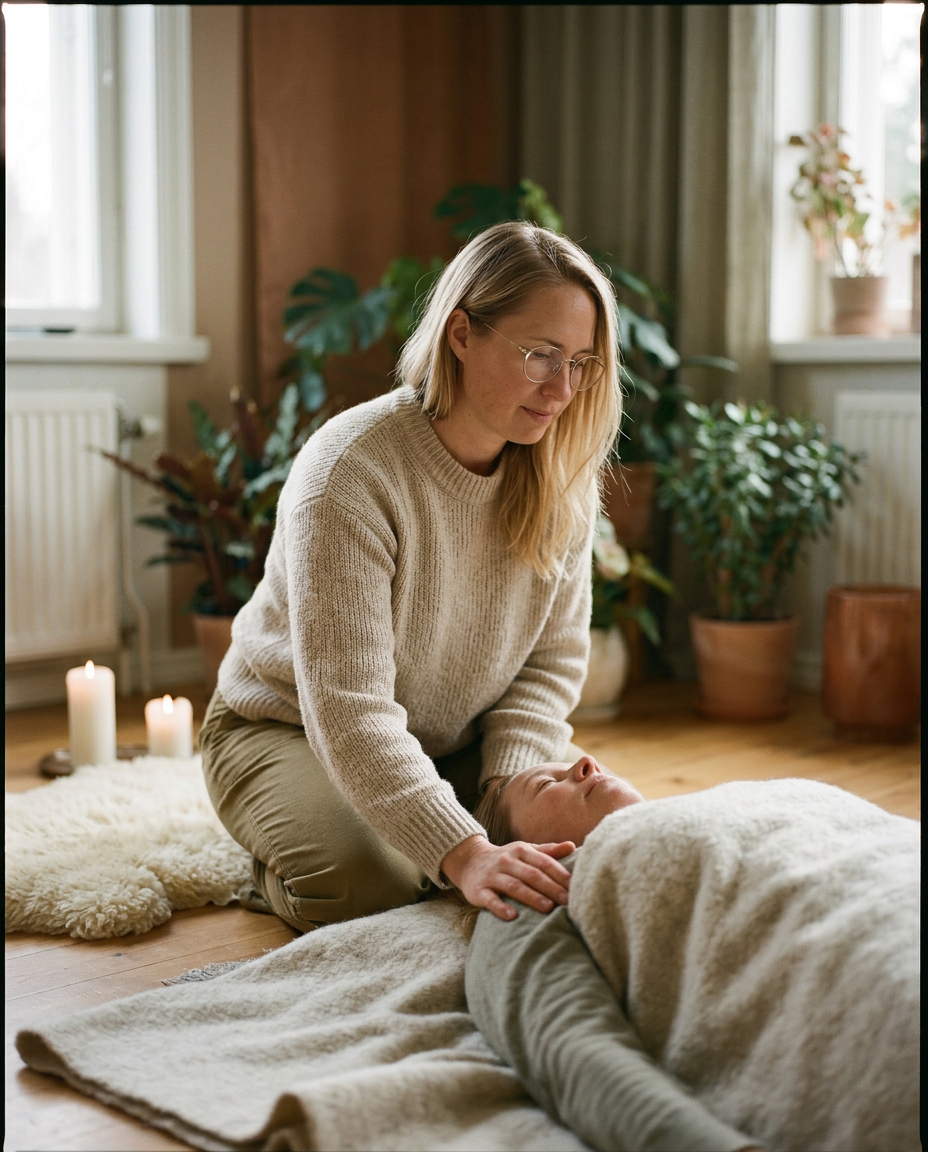 Two women sitting on the floor in a sunlit room, hand on heart — embodiment session