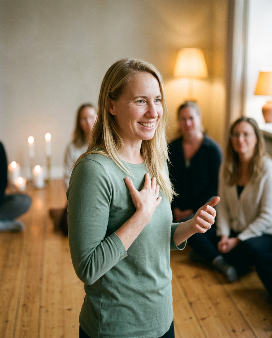 Therese on an intimate stage, hand on heart, warm light — embodied keynote