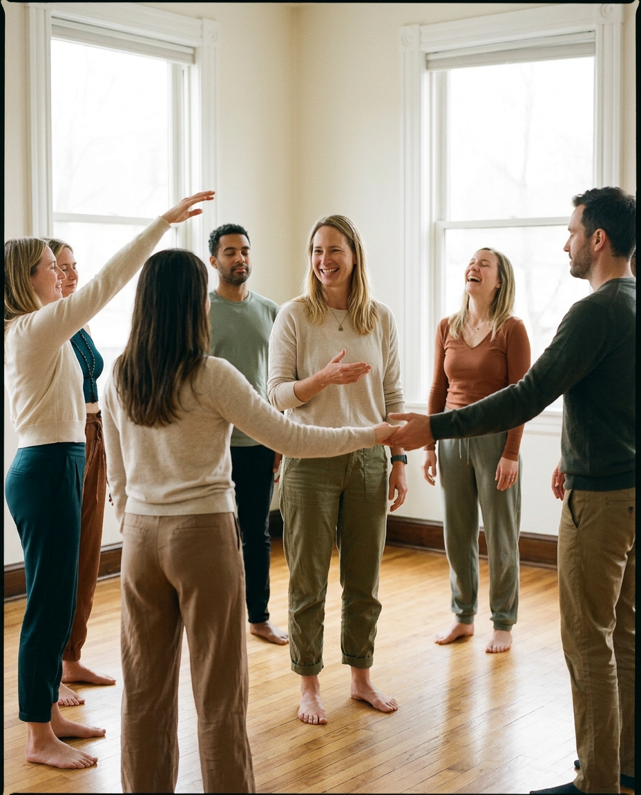 Small group barefoot in a circle in a bright wood-floored studio — workshop