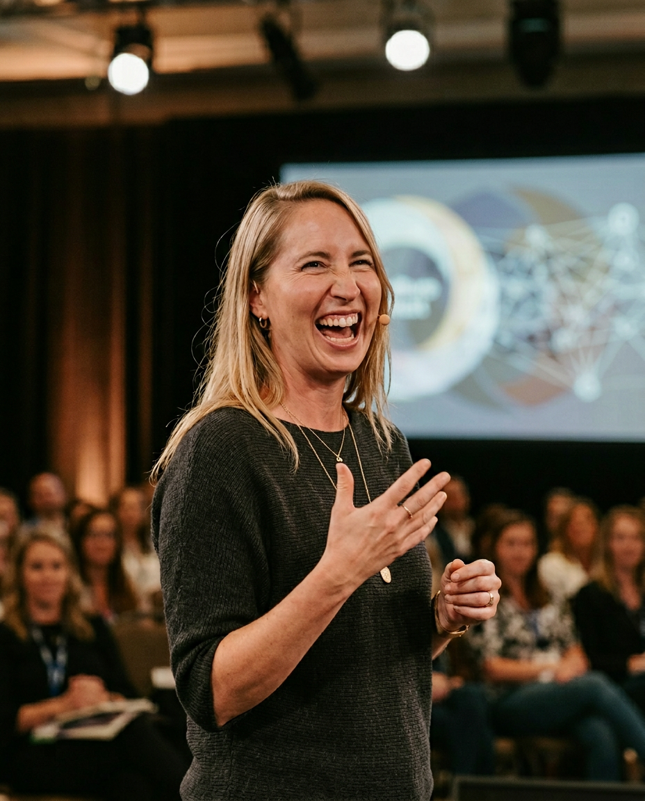 Therese on stage with a vintage microphone — keynote