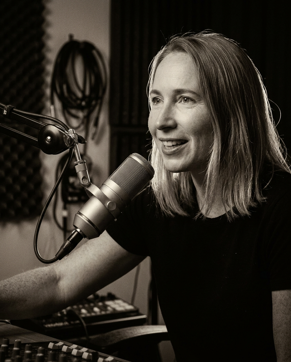 Therese i podcaststudio med kondensatormikrofon