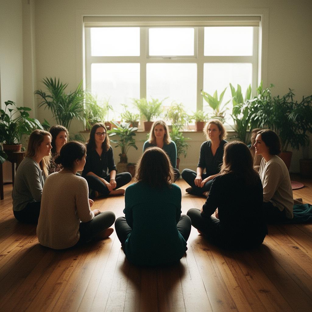 Mennesker i sirkel i et solfylt rom — bilde fra workshop